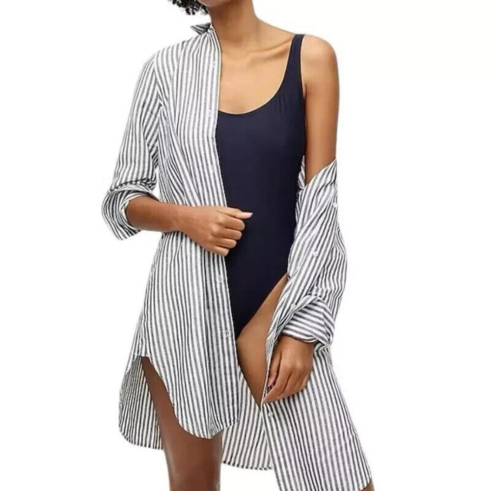 J CREW Classic Fit Beach Shirt in Striped Linen-Cotton Blend Navy White Size XS